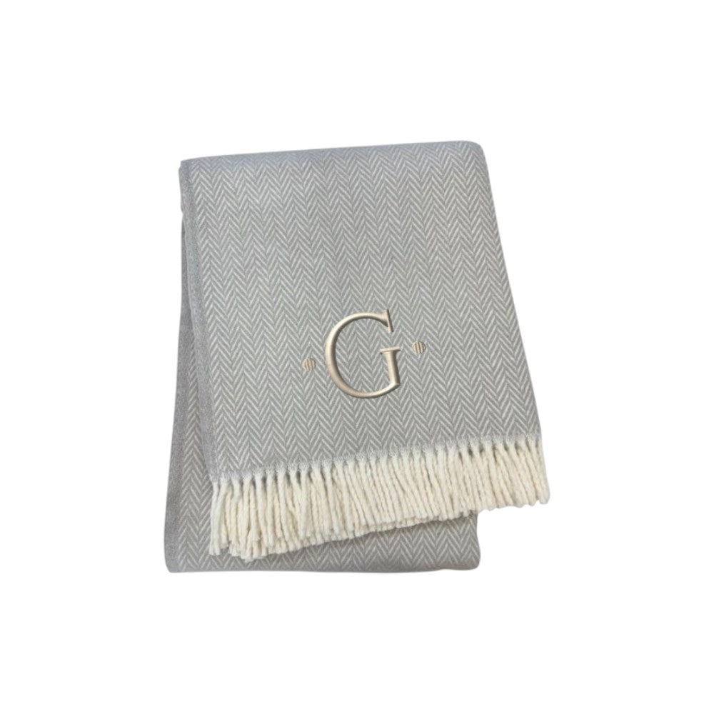 55" X 70" Gray And White Herringbone Cotton Blend G Initial Throw Blanket with Tassels And Embroidery