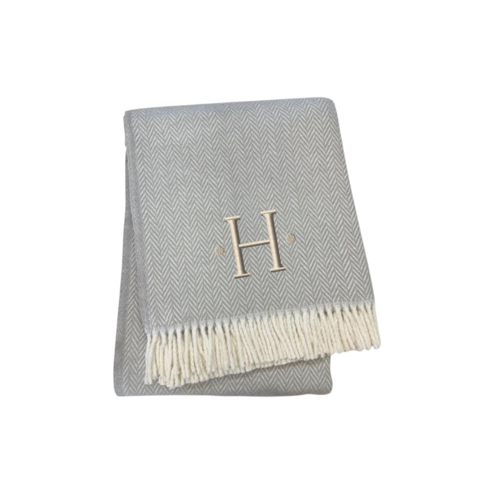55" X 70" Gray And White Herringbone Cotton Blend H Initial Throw Blanket with Tassels And Embroidery