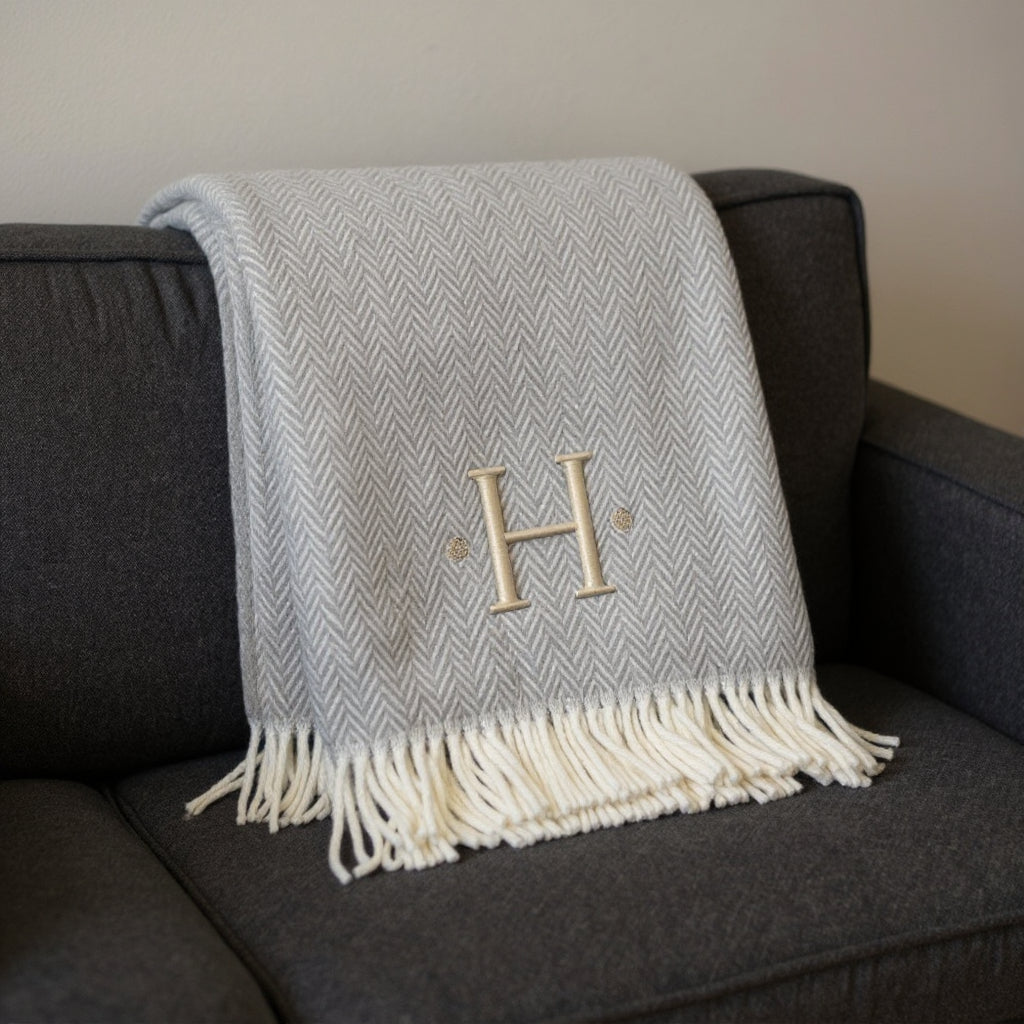 55" X 70" Gray And White Herringbone Cotton Blend H Initial Throw Blanket with Tassels And Embroidery