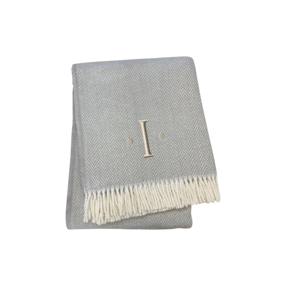 55" X 70" Gray And White Herringbone Cotton Blend I Throw Blanket with Tassels And Embroidery