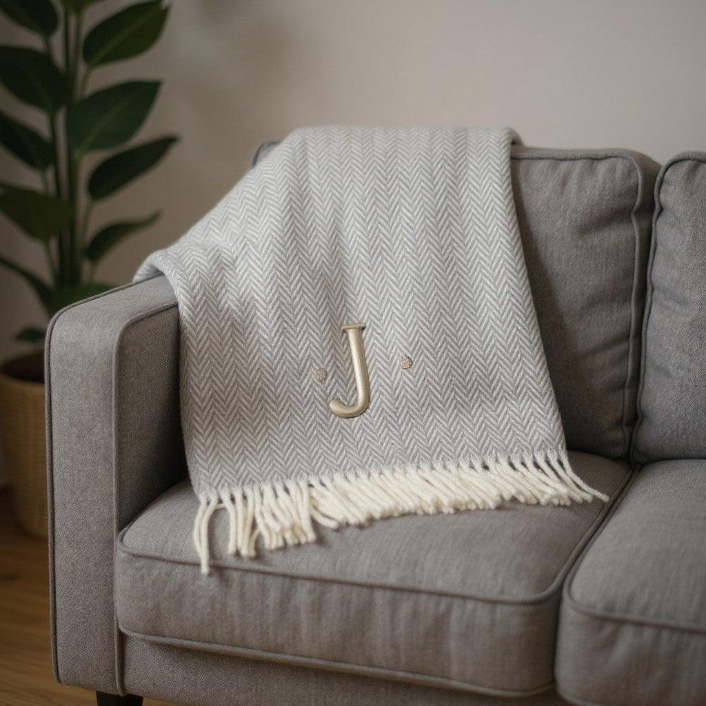 55" X 70" Gray And White Herringbone Cotton Blend J Throw Blanket with Tassels And Embroidery