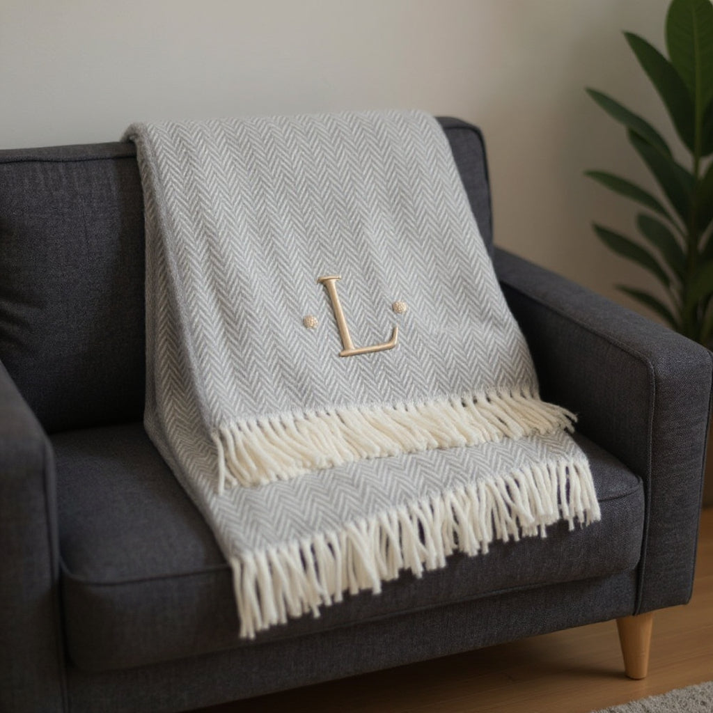 55" X 70" Gray And White Herringbone Cotton Blend L Initial Throw Blanket with Tassels And Embroidery