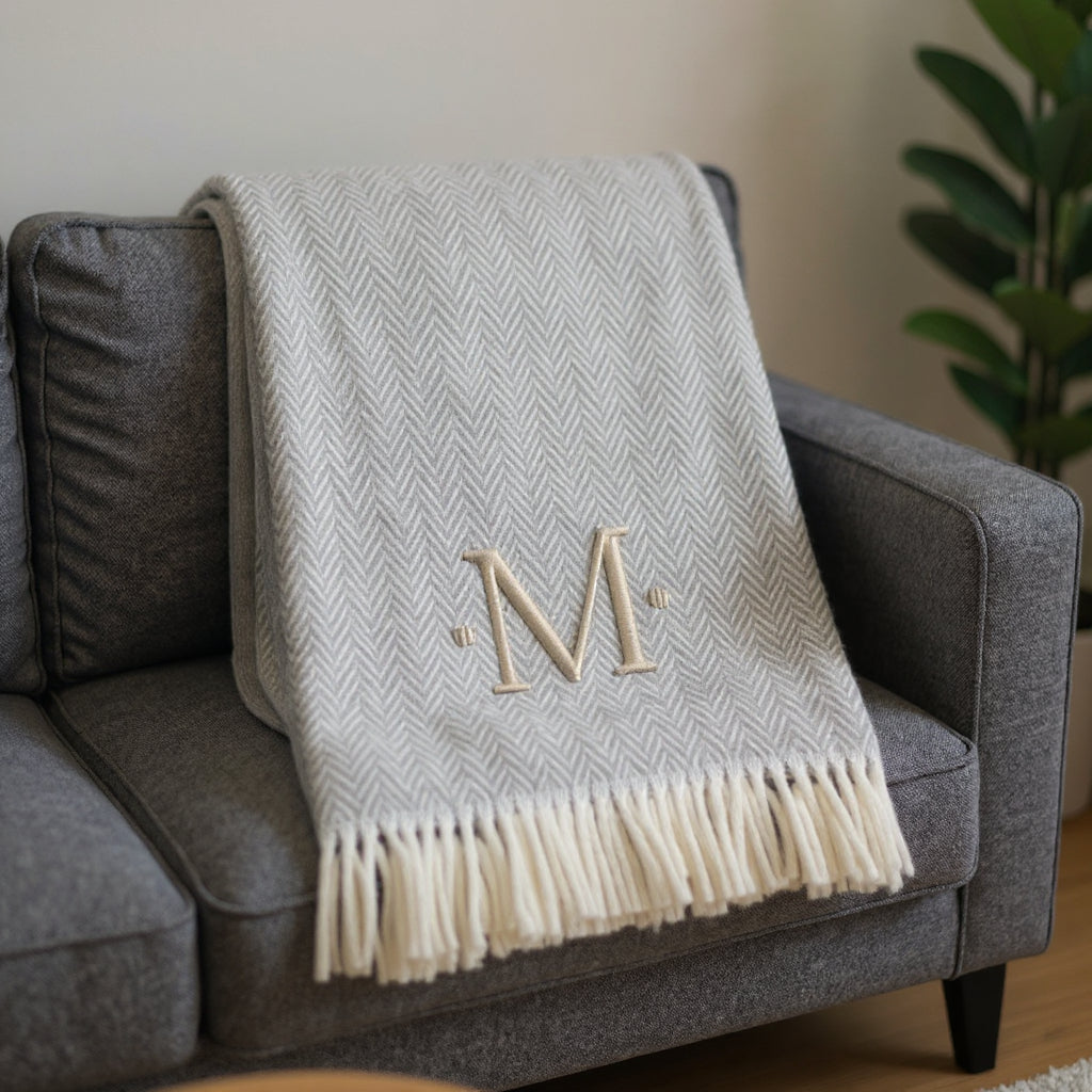 55" X 70" Gray And White Herringbone Cotton Blend M Initial Throw Blanket with Tassels And Embroidery
