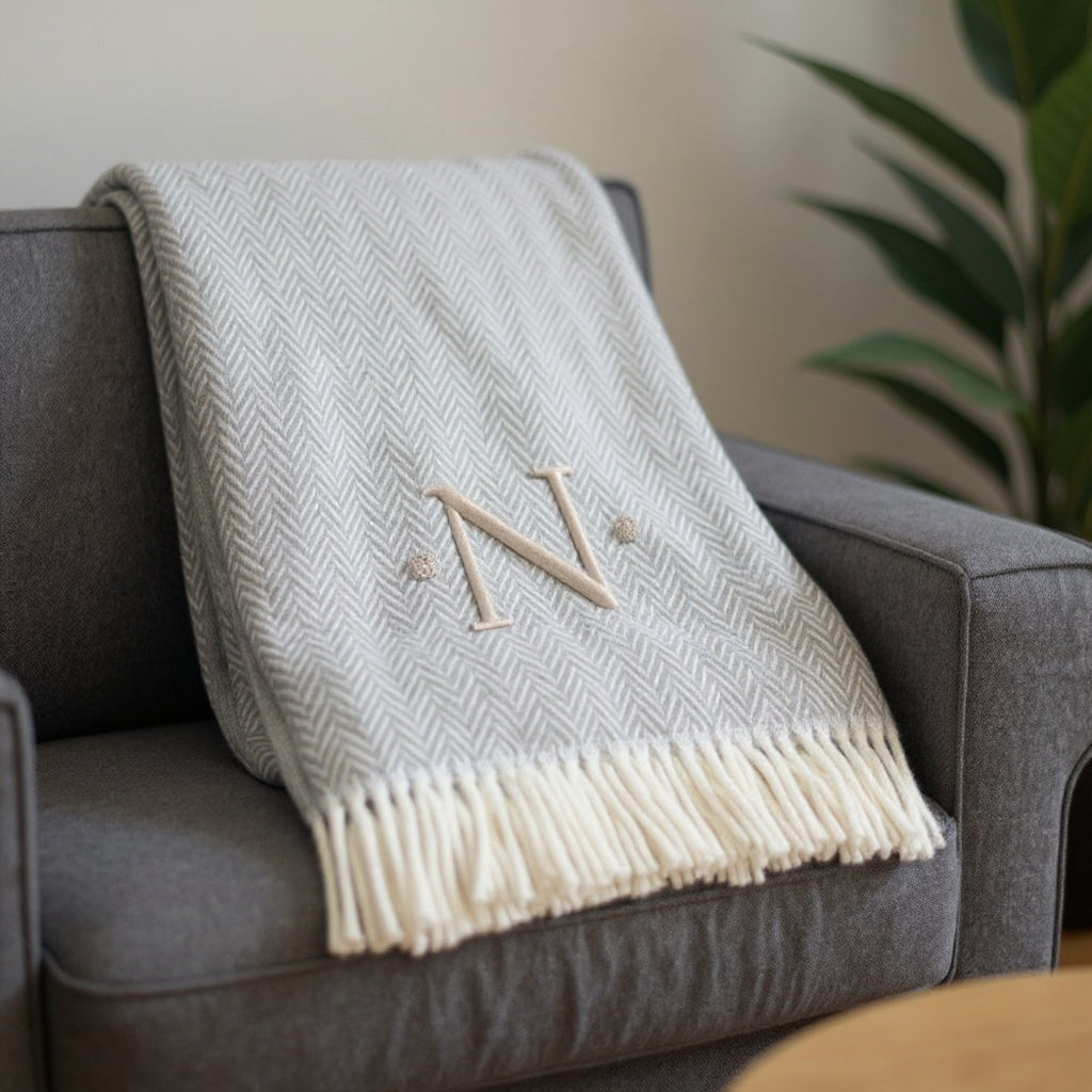 55" X 70" Gray And White Herringbone Cotton Blend N Initial Throw Blanket with Tassels And Embroidery
