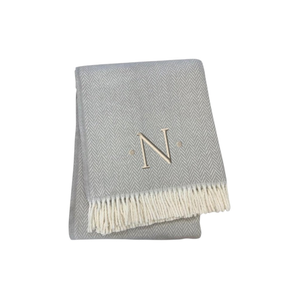 55" X 70" Gray And White Herringbone Cotton Blend N Initial Throw Blanket with Tassels And Embroidery