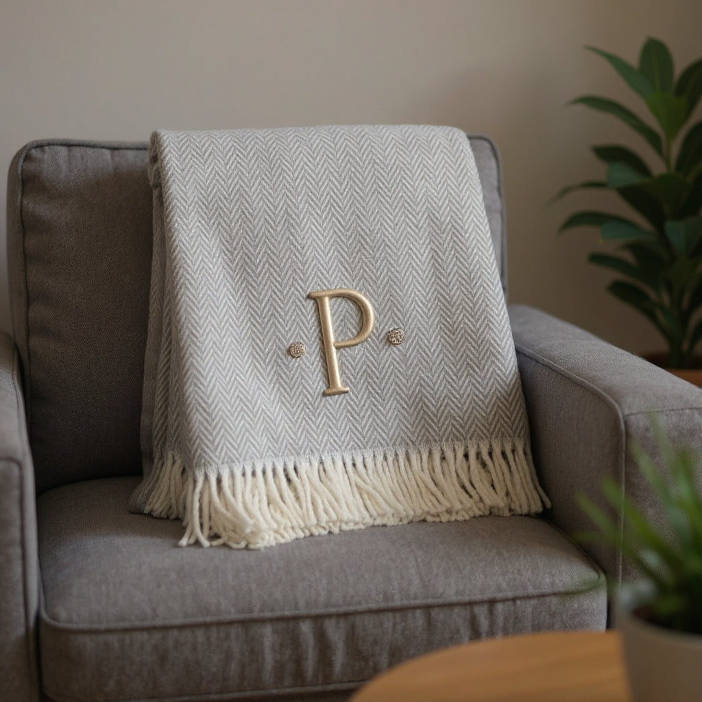 55" X 70" Gray And White Herringbone Cotton Blend P Initial Throw Blanket with Tassels And Embroidery