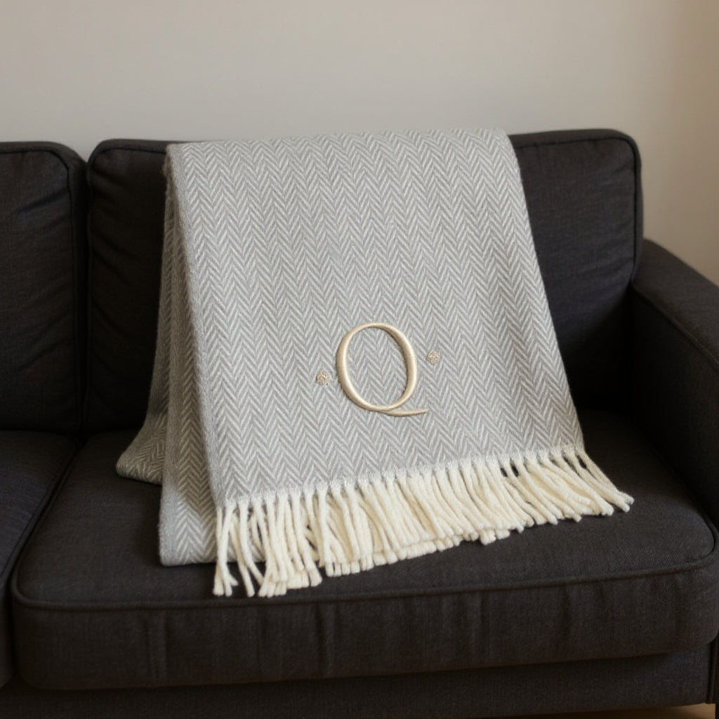 55" X 70" Gray And White Herringbone Cotton Blend Q Initial Throw Blanket with Tassels And Embroidery