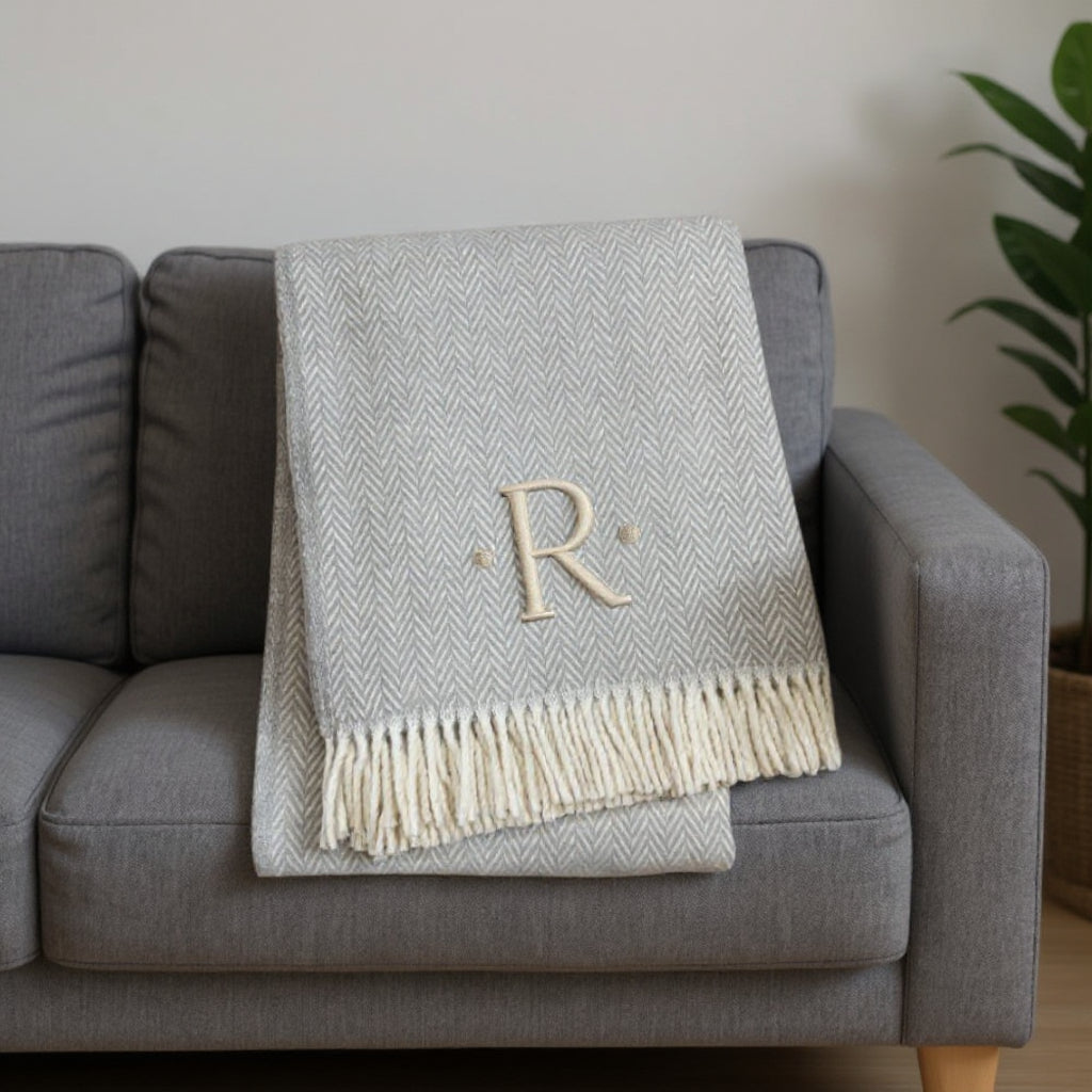 55" X 70" Gray And White Herringbone Cotton Blend R Initial Throw Blanket with Tassels And Embroidery