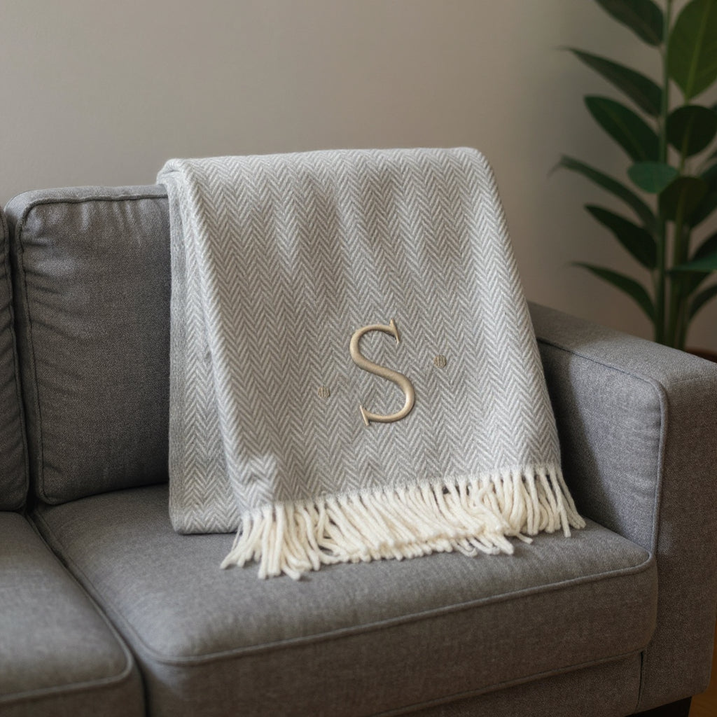 55" X 70" Gray And White Herringbone Cotton Blend S Initial Throw Blanket with Tassels And Embroidery