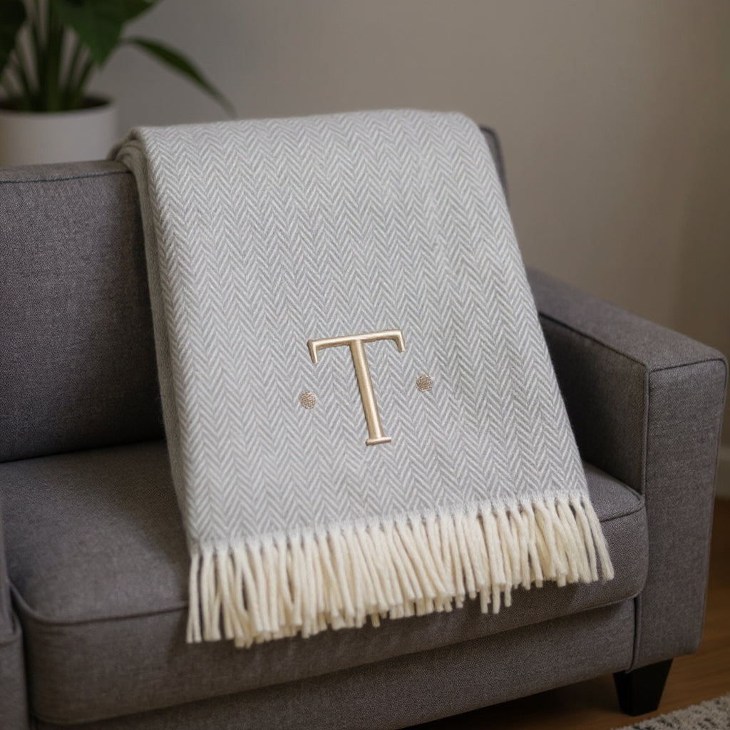 55" X 70" Gray And White Herringbone Cotton Blend T Initial Throw Blanket with Tassels And Embroidery