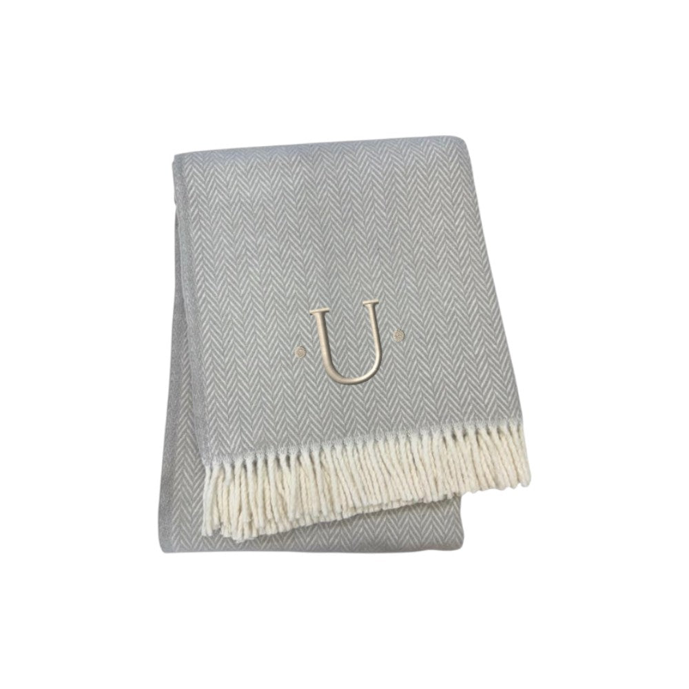 55" X 70" Gray And White Herringbone Cotton Blend U Initial Throw Blanket with Tassels And Embroidery