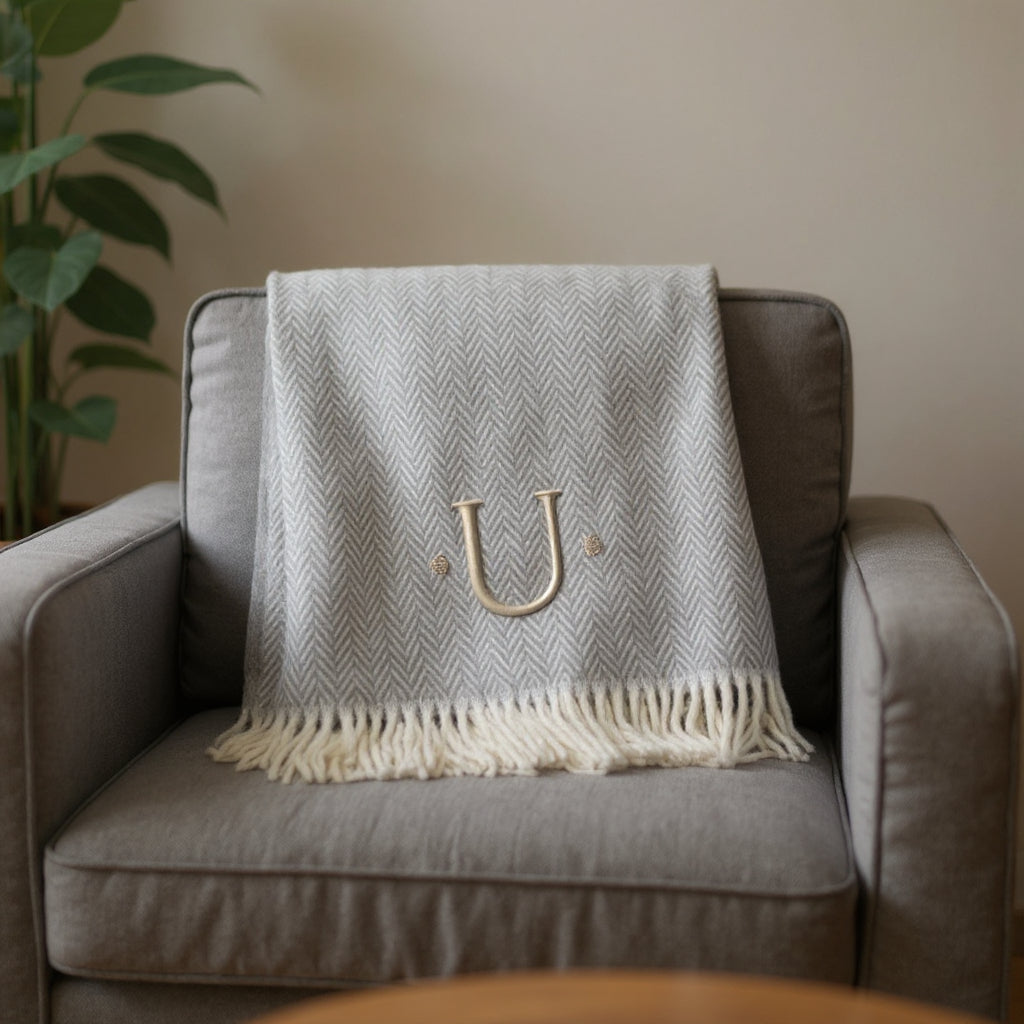 55" X 70" Gray And White Herringbone Cotton Blend U Initial Throw Blanket with Tassels And Embroidery