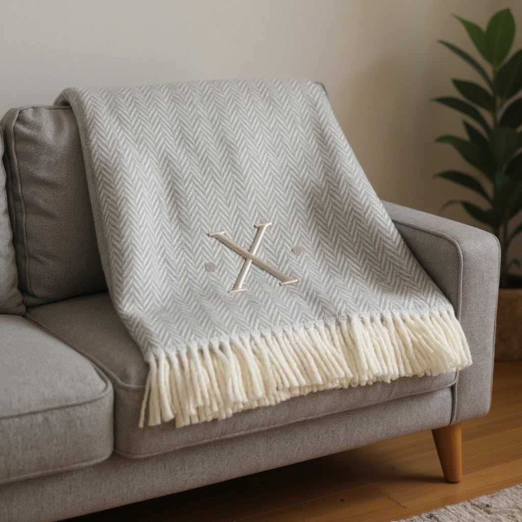 55" X 70" Gray And White Herringbone Cotton Blend X Initial Throw Blanket with Tassels And Embroidery