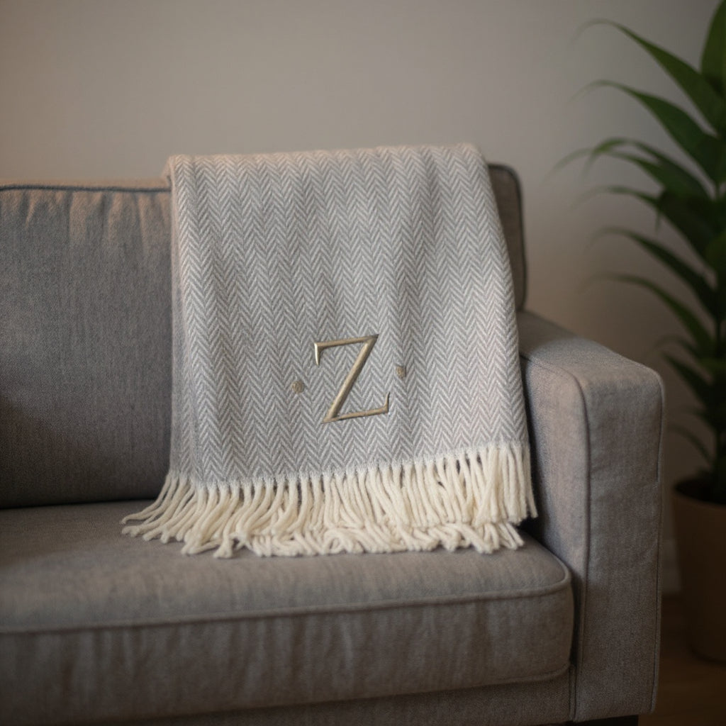 55" X 70" Gray And White Herringbone Cotton Blend Z Initial Throw Blanket with Tassels And Embroidery