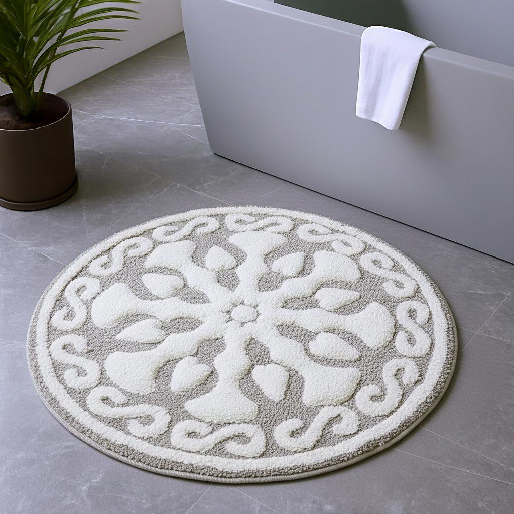 25" Taupe And White Cotton Round Medallion Bath Rug