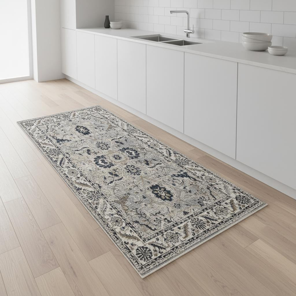 8' Beige Gray And Black Medallion Runner Rug