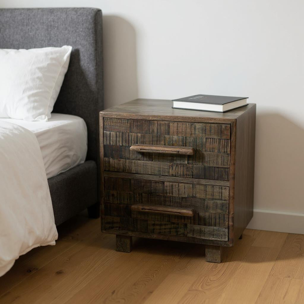 26" Brown Solid Wood Carved Geometric Two Drawer Nightstand