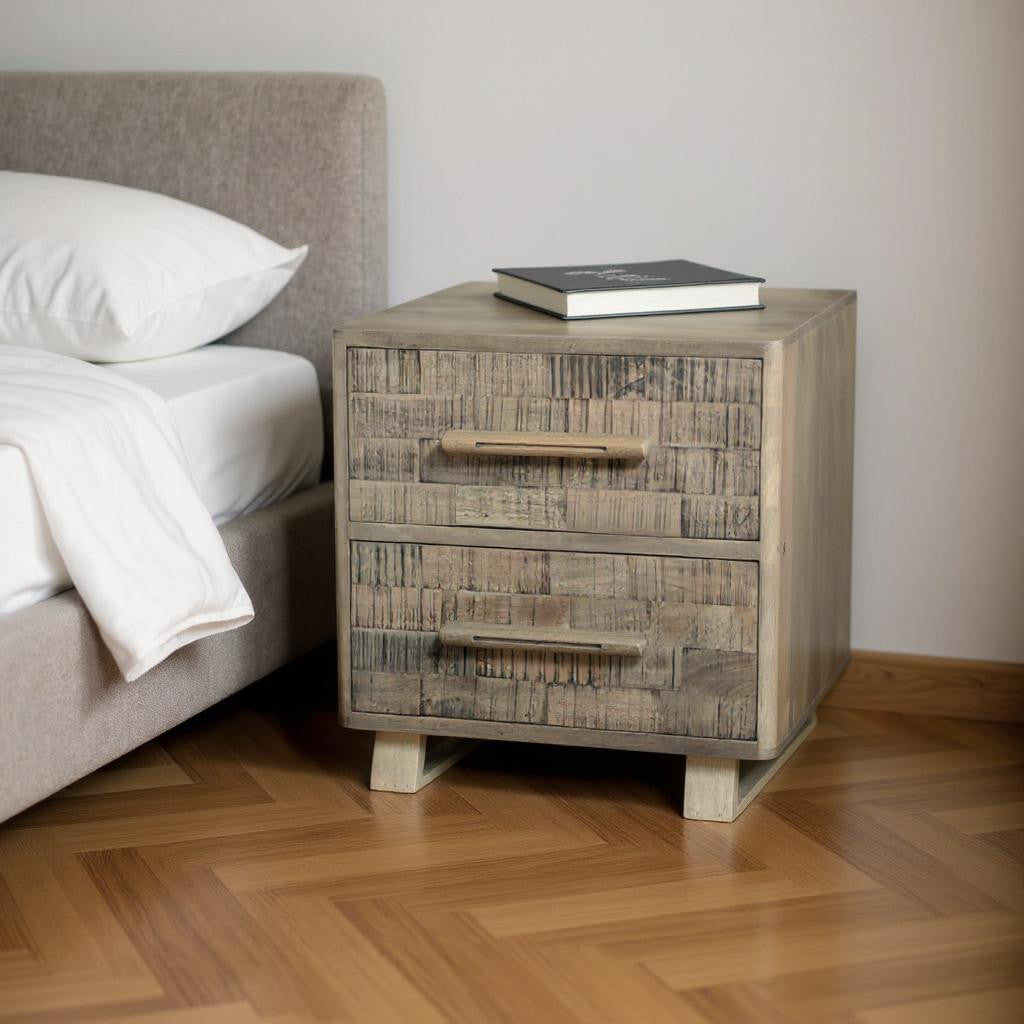 26" Gray Solid Wood Carved Geometric Two Drawer Nightstand