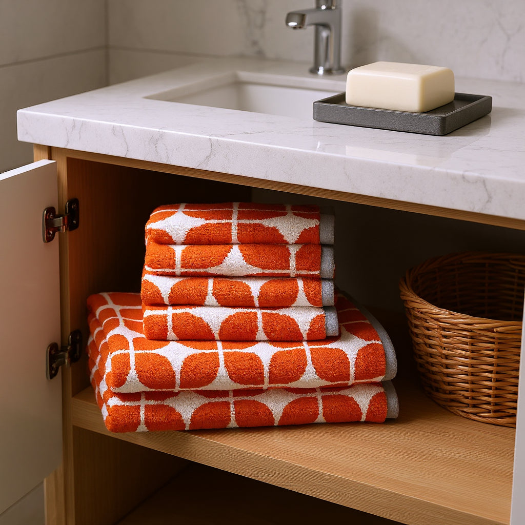 Set of Six Orange And White Cotton Geometric Jacquard Towel Set
