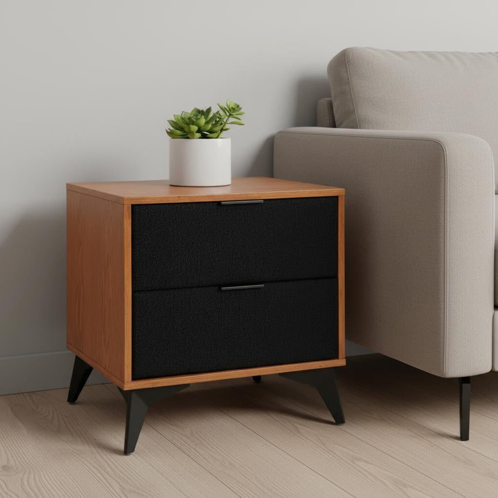 21" Walnut Wood and Steel Two Drawer Nightstand