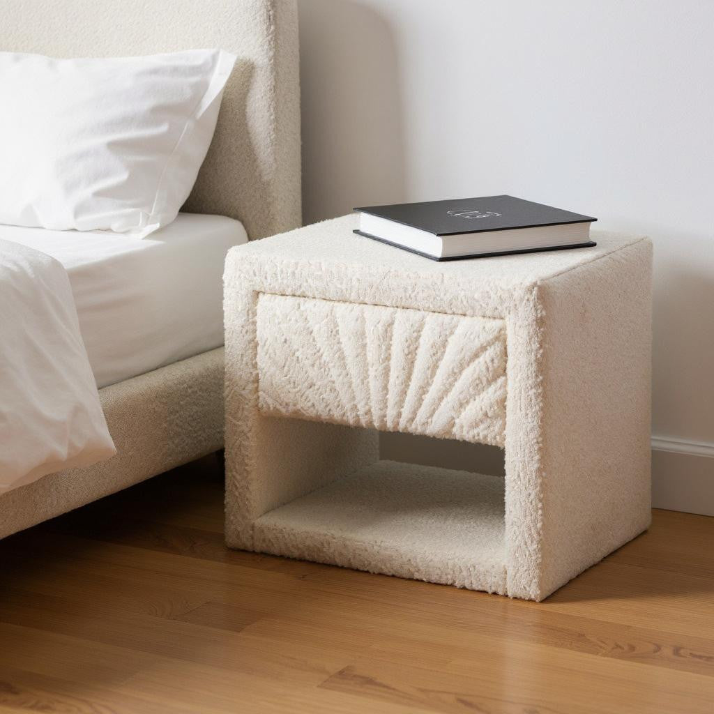 16" Ivory Wood Woven Texture One Drawer Nightstand