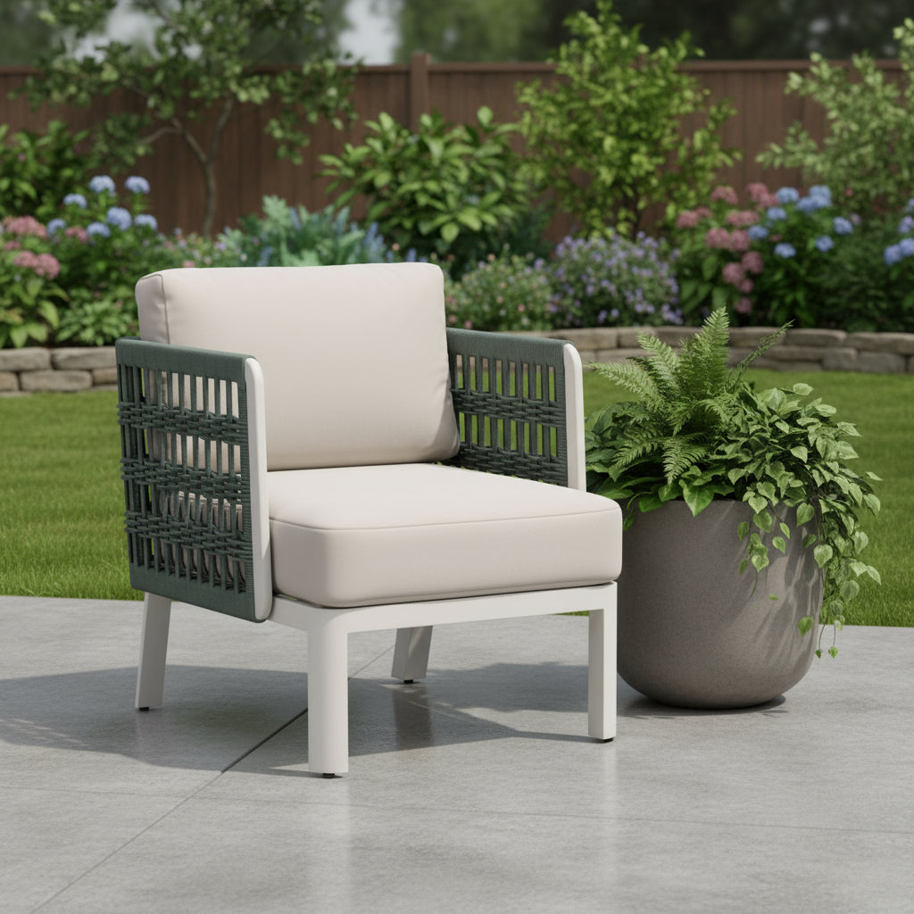 27" Green And White Aluminum Outdoor Accent Chair with White Cushion