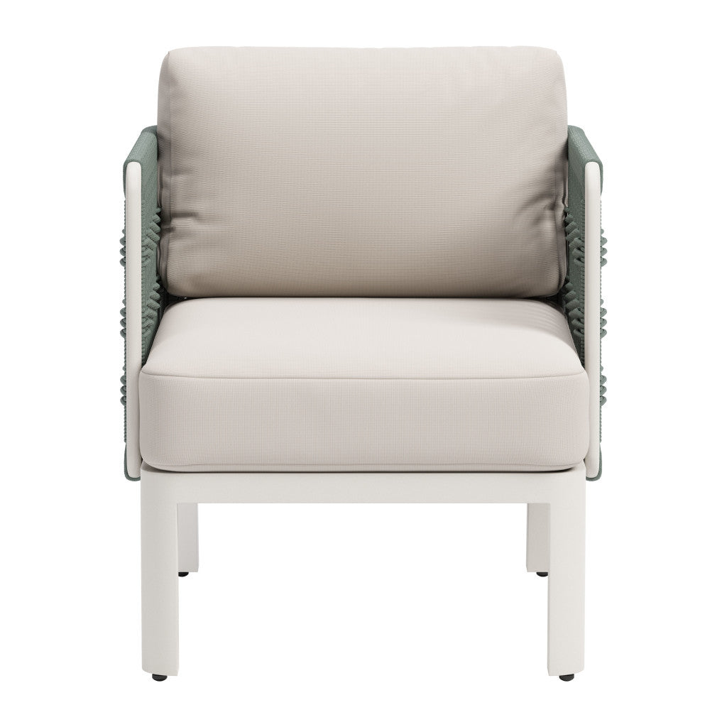 27" Green And White Aluminum Outdoor Accent Chair with White Cushion
