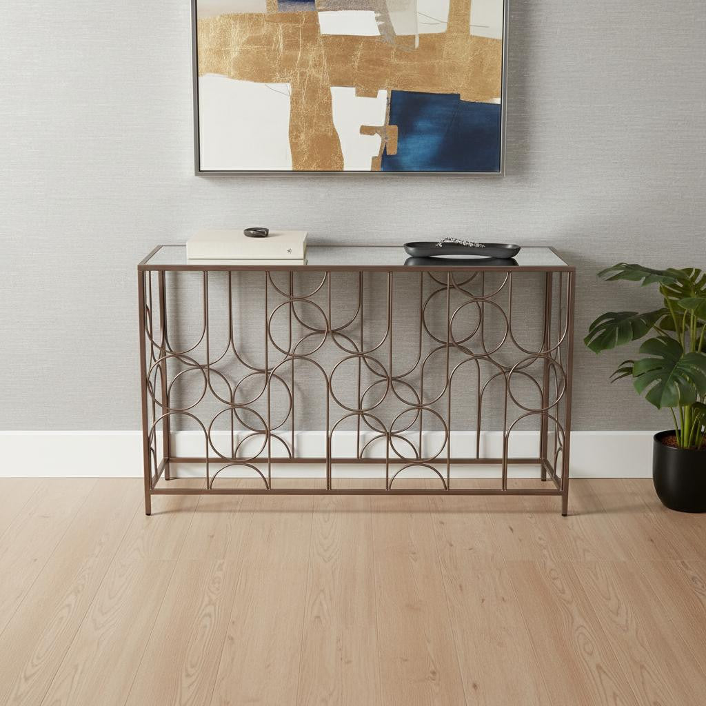 50" Bronze Mirrored Glass and Steel Frame Console Table