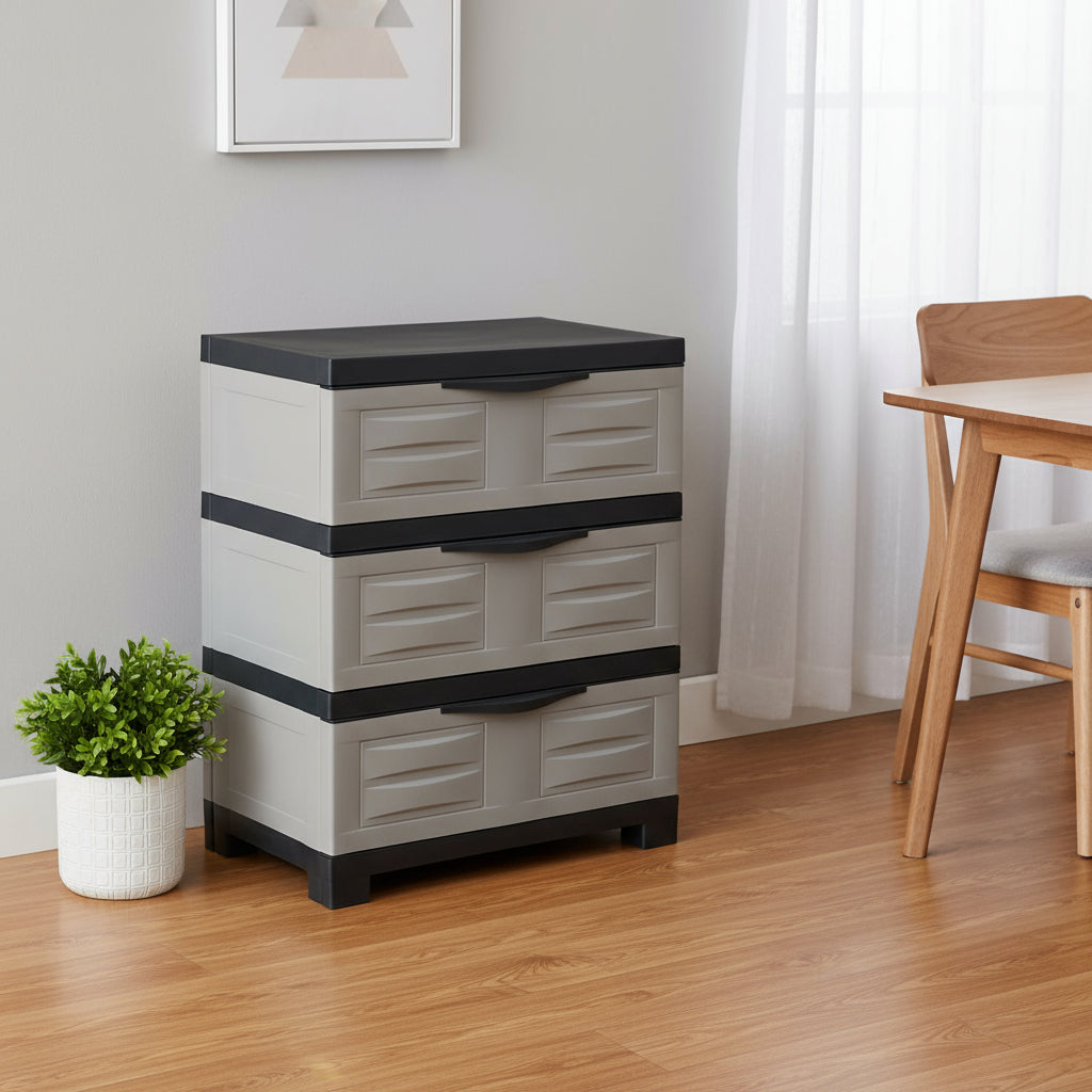 30" Gray And Black Heavy Duty Plastic Three Drawer Utility Cabinet