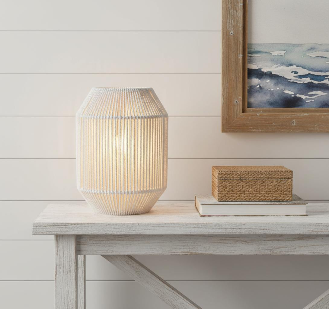 7" Beige Battery Operated Geometric Desk Lamp With Novelty Shade