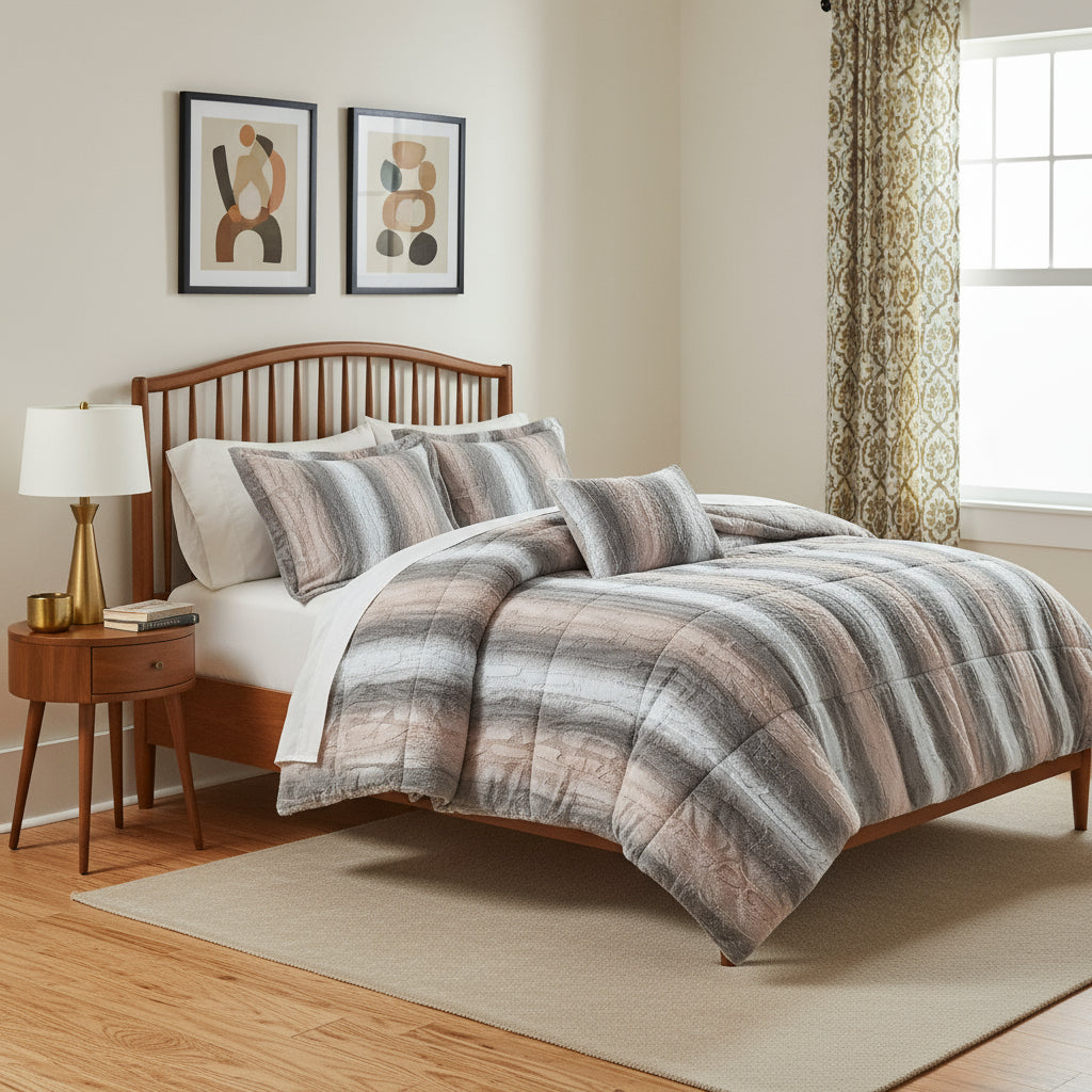 Set of Four Gray And Pink Striped Queen Ring Stitch Polyester Sham And Comforter