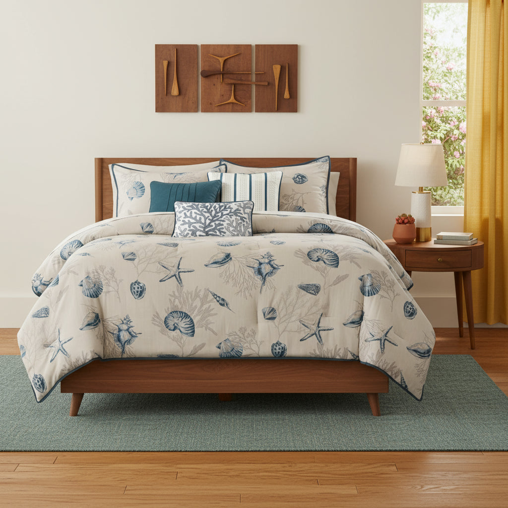 Set of Seven Blue And Ivory King Ring Stitch Sham And Comforter