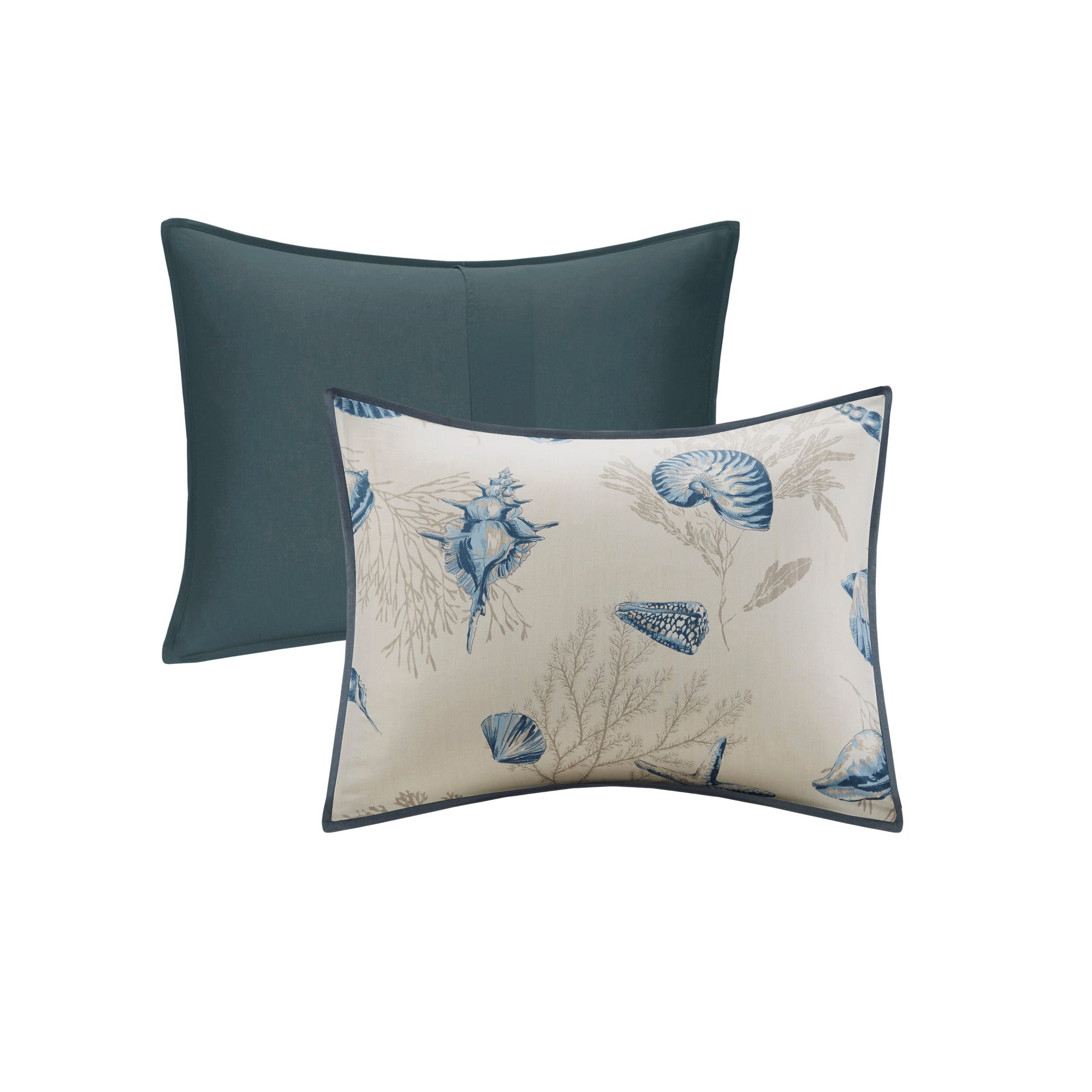 Set of Seven Blue And Ivory Shells and Starfish King Ring Stitch Comforter And Sham