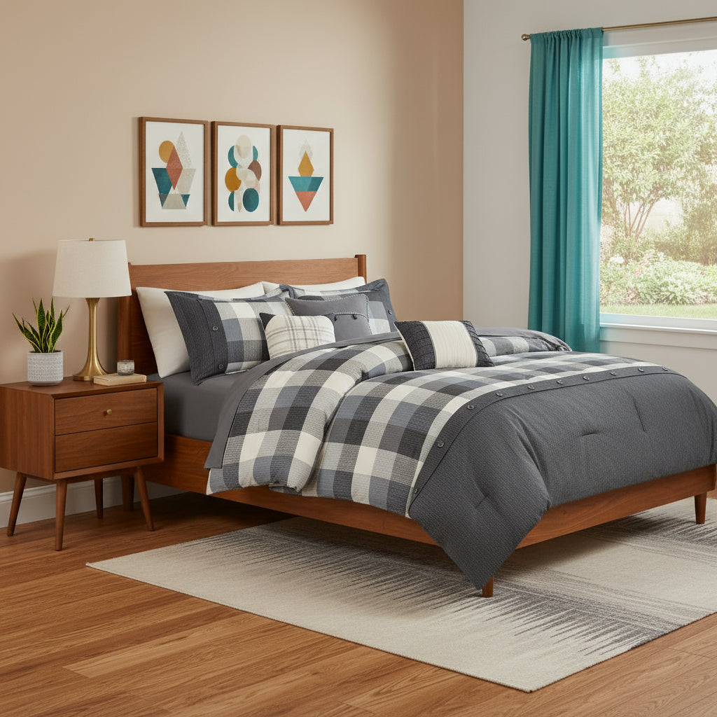 Set of Seven Gray And Ivory Plaid King Ring Stitch Polyester Sham And Comforter