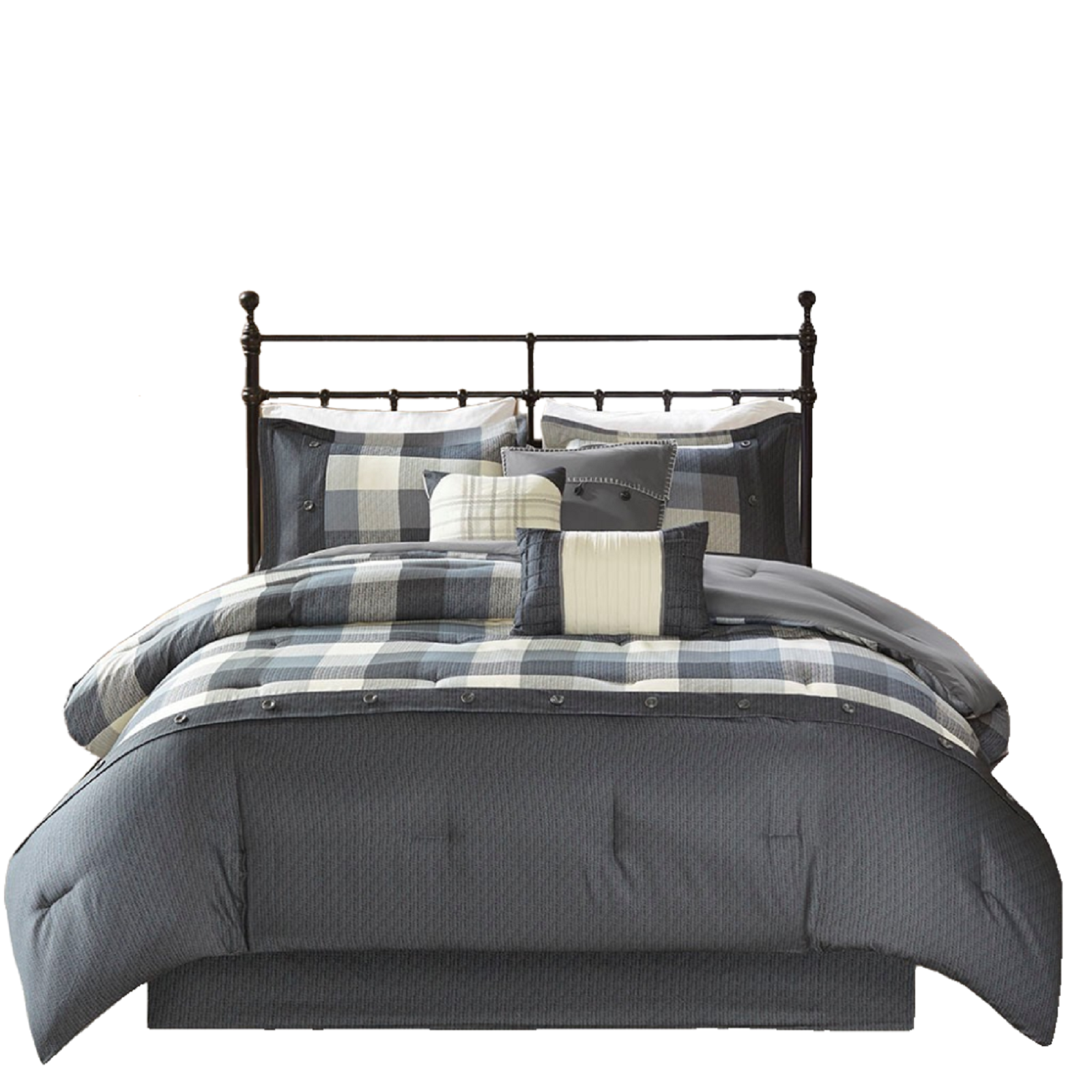 Set of Seven Gray And Ivory Plaid King Ring Stitch Polyester Sham And Comforter