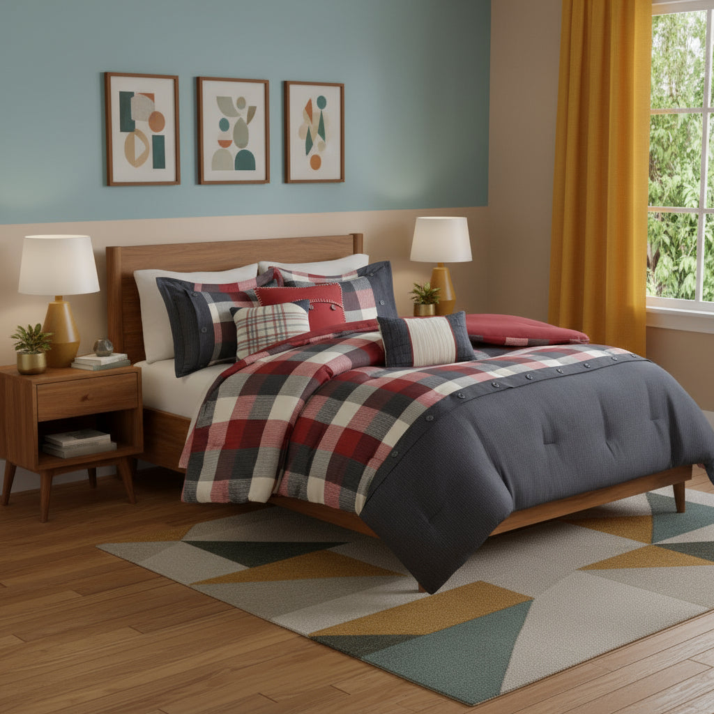 Set of Seven Red And Gray Plaid King Ring Stitch Polyester Sham And Comforter