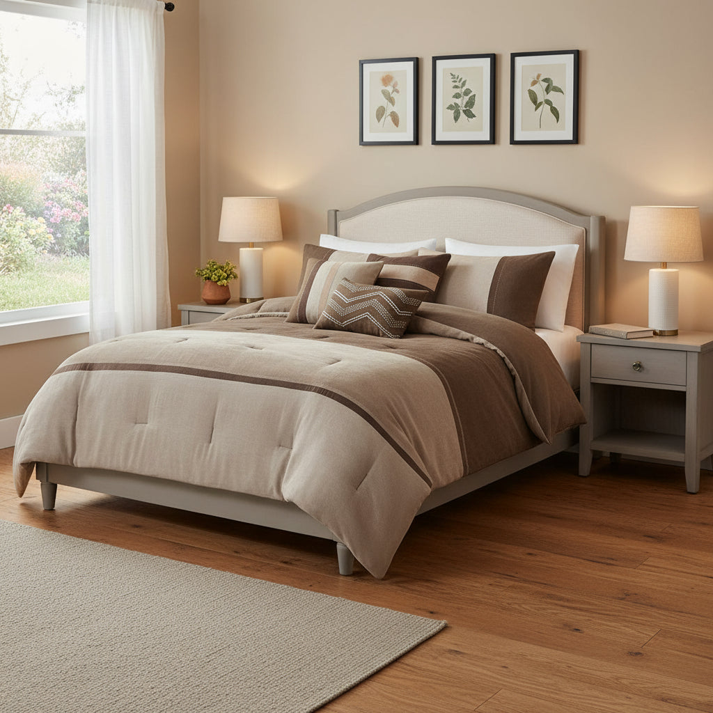 Set of Seven Brown King Ring Stitch Polyester Sham And Comforter