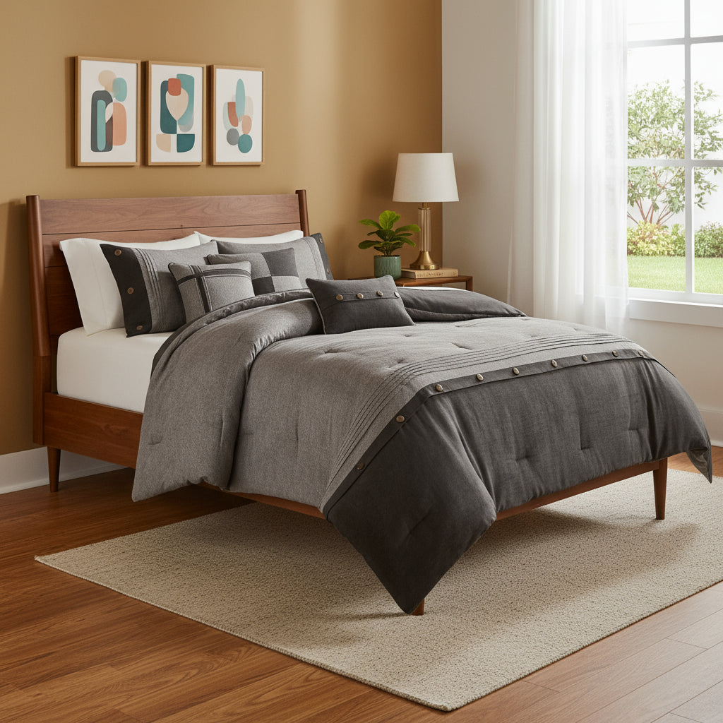 Set of Seven Gray King Ring Stitch Polyester Sham And Comforter