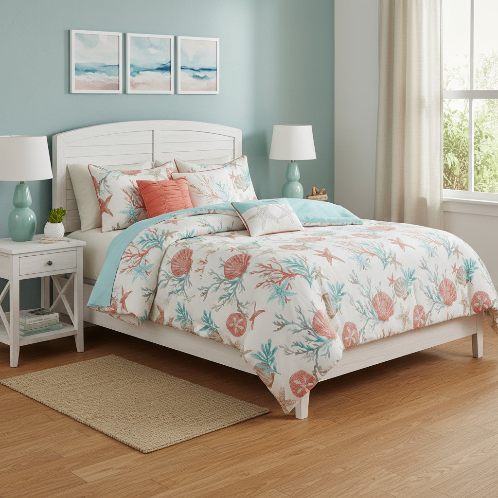 Set of Seven Aqua And Coral King Ring Stitch Sham And Comforter