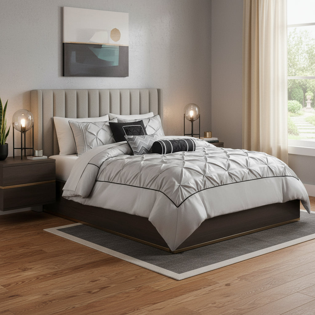 Set of Seven Gray Full Ring Stitch Polyester Sham And Comforter