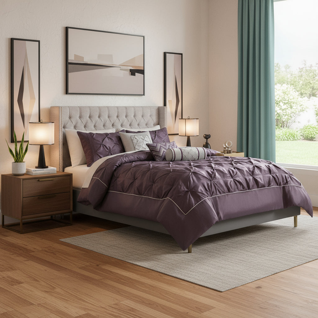 Set of Seven Plum King Ring Stitch Polyester Sham And Comforter