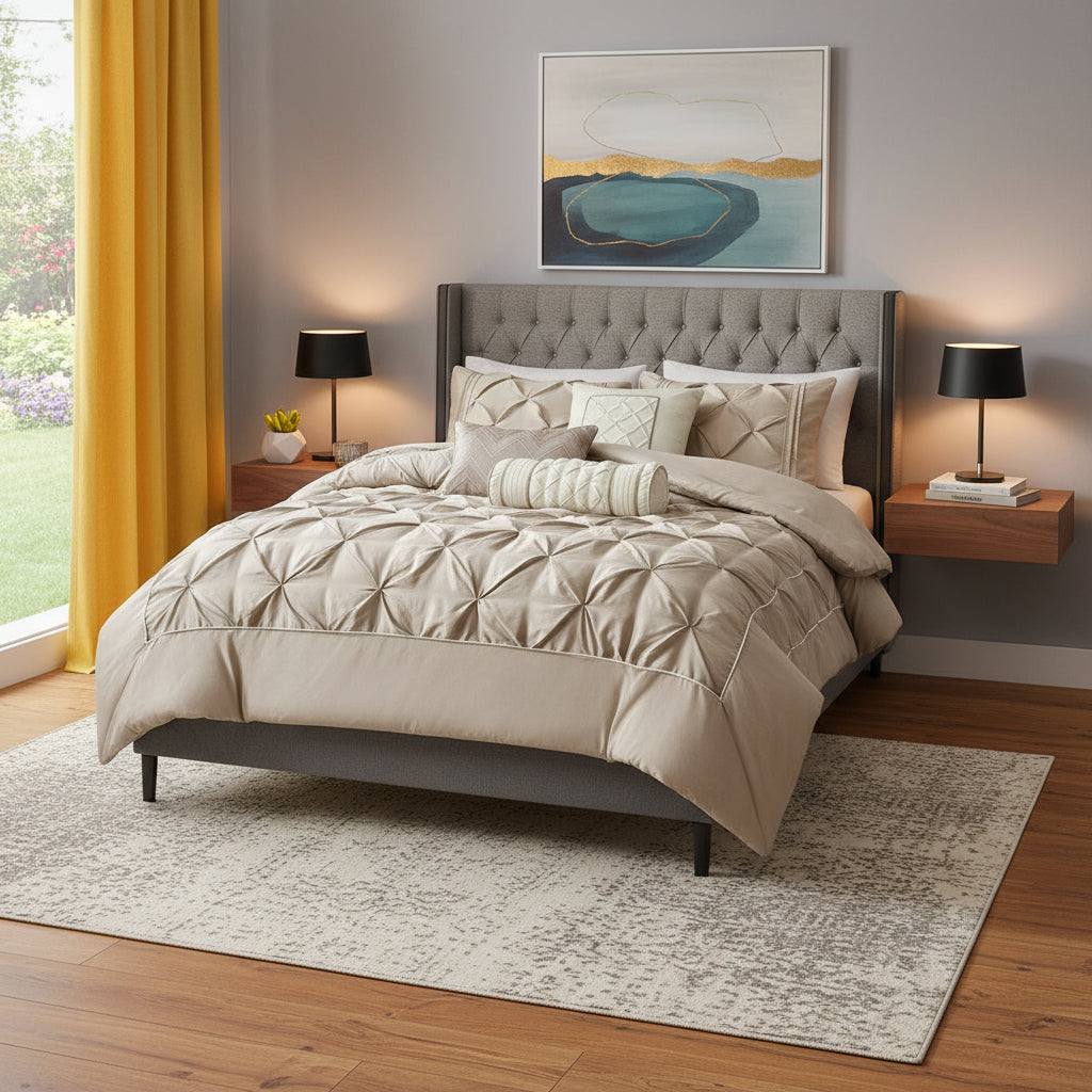 Set of Seven Taupe Queen Ring Stitch Polyester Sham And Comforter