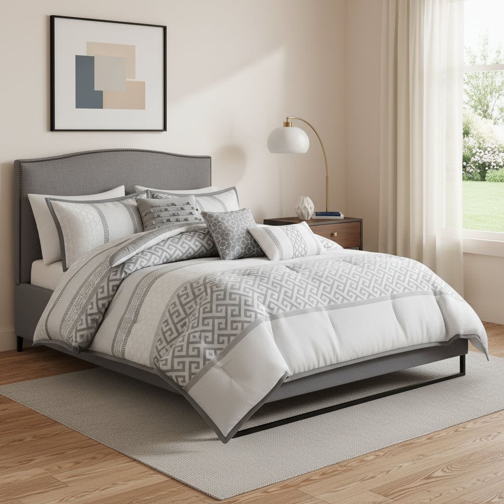 Set of Seven Gray And Ivory Striped King Ring Stitch Polyester Sham And Comforter