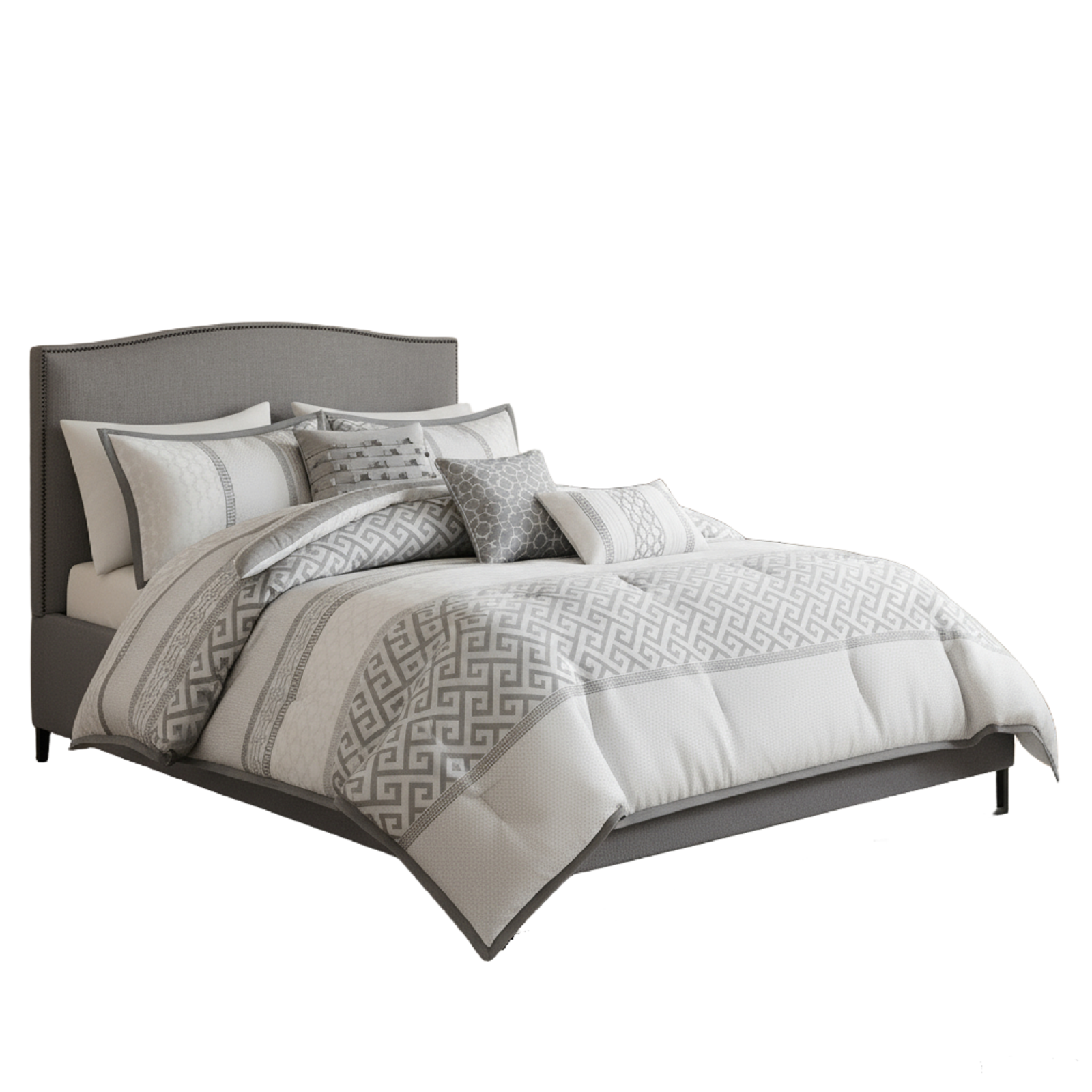 Set of Seven Gray And Ivory Striped King Ring Stitch Polyester Sham And Comforter