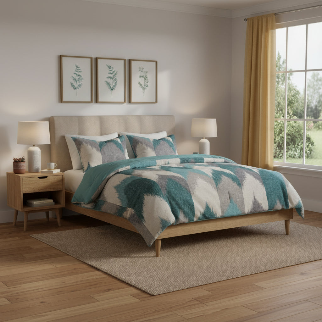 Set of Three Aqua And White Ring Stitch Polyester Sham And Comforter