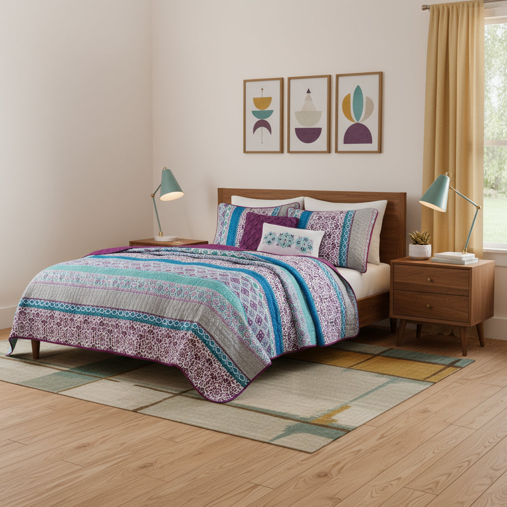 Set of Five Purple And Ivory Striped Queen Ring Stitch Sham And Comforter