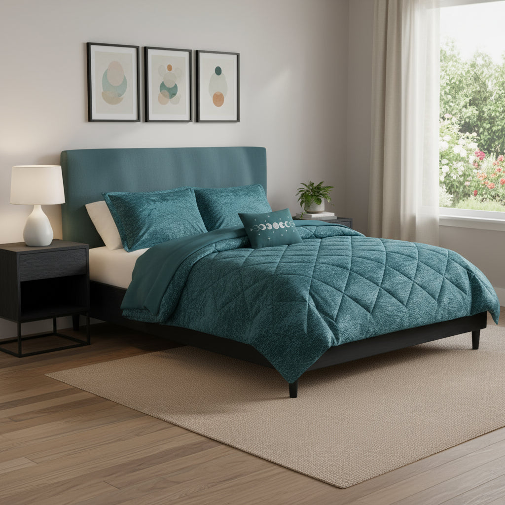 Set of Four Teal Blue King Ring Stitch Polyester Sham And Comforter