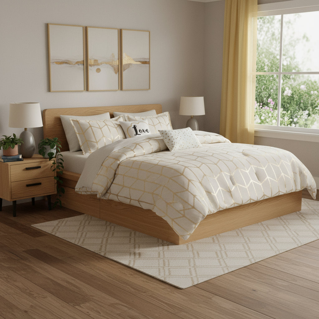 Set of Four Gold And Ivory Geometric Ring Stitch Polyester Sham And Comforter