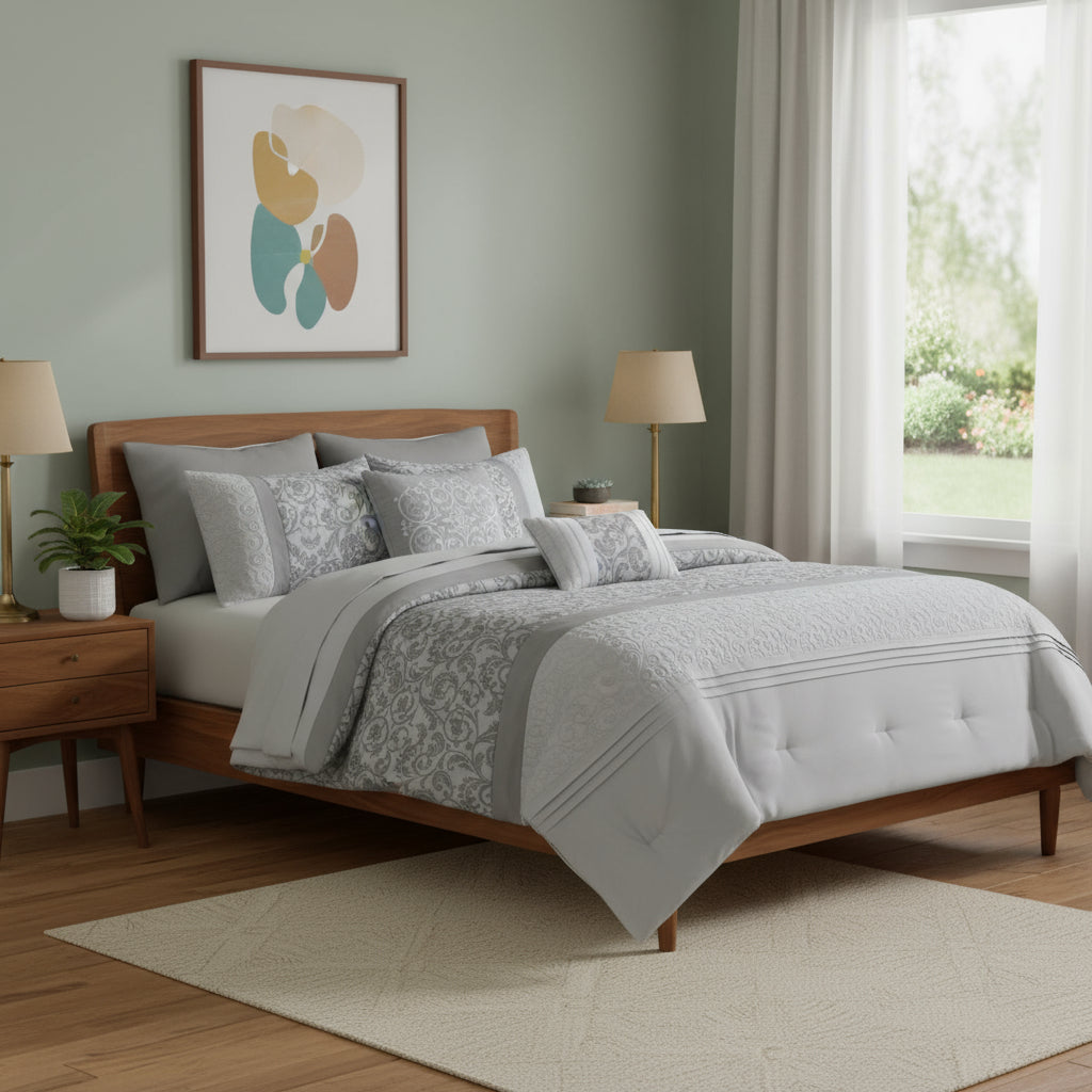 Set of Eight Gray And Ivory Damask Ring Stitch Polyester Sham And Comforter