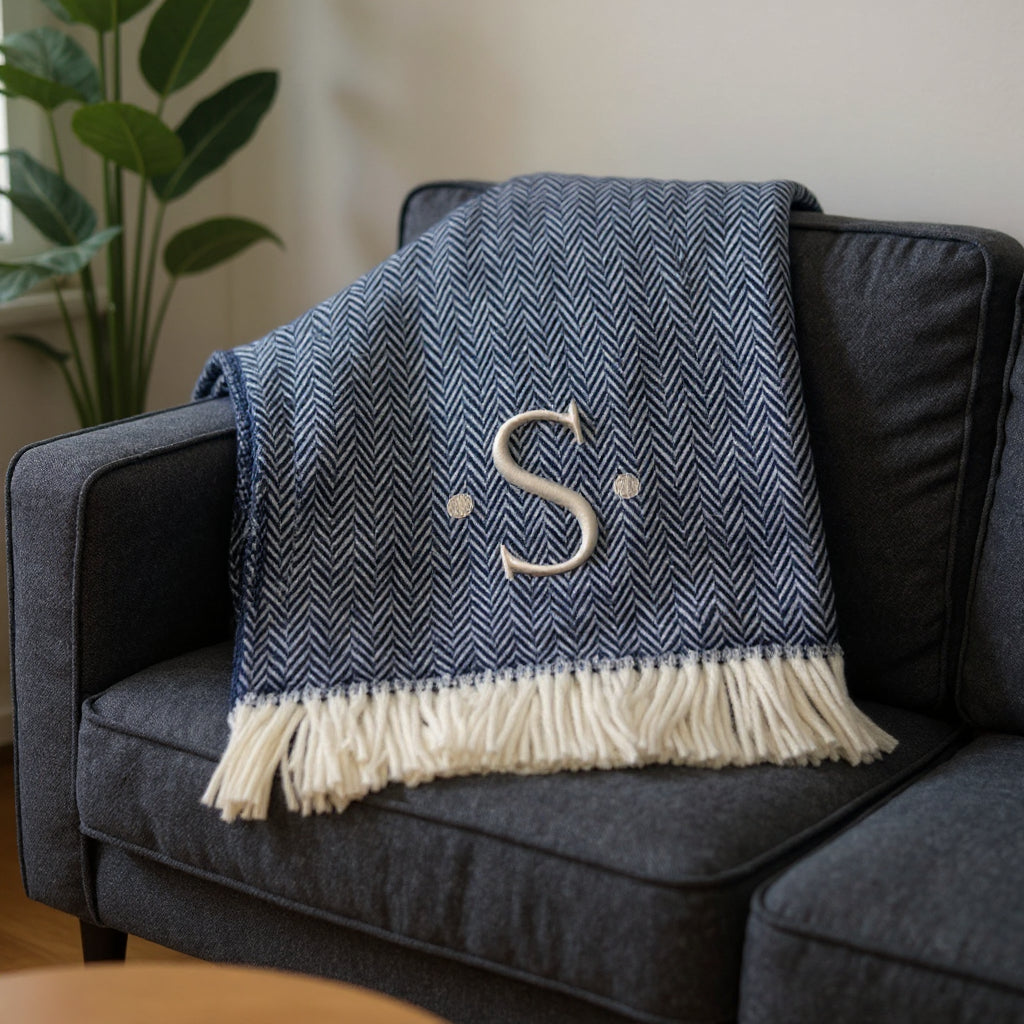 55" X 70" Navy Blue And White Herringbone Cotton Blend S Initial Throw Blanket with Tassels And Embroidery